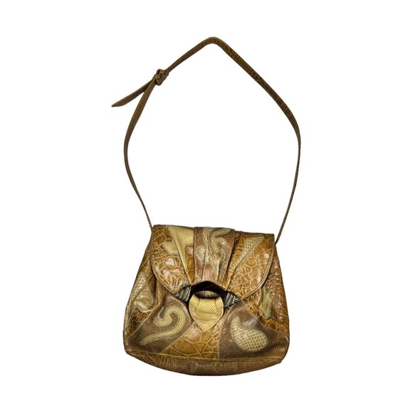 Vintage Sharif Leather Patchwork Shoulder Crossbody Bag Tan Animal Texture - Picture 1 of 7
